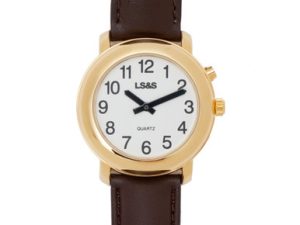Ladies Gold Tone Talking Watch White Face Brown Leather Band, English