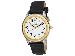 Men's Two Tone Talking Watch White Face Black Leather Band, Choice of Voices Male & Female - English