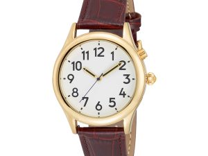 Men's Gold Tone Talking Watch White Face: Leather Band - Choice of Voices Male & Female - English