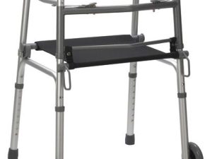 Folding Two-Button Seat Walker with Black Canvas Seat – Lightweight Walking Aid with Rest Seat