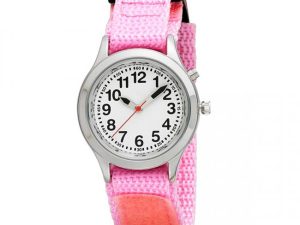 Ladies / Kids Talking Alarm Watch: Pink Fabric Strap Band - Choice of Voice