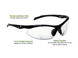 '+1.0 Diopter Bifocal Safety Glasses: Clear Lenses