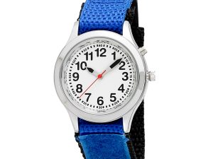Ladies / Kids Talking Alarm Watch: Blue Fabric Strap Band - Choice of Voice