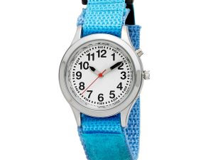 Ladies / Kids Talking Alarm Watch: Light Blue Fabric Strap Band - Choice of Voice