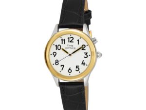 Ladies Two Tone Talking Watch White Face: Black Leather Band - Choice of Voice Male & Female English
